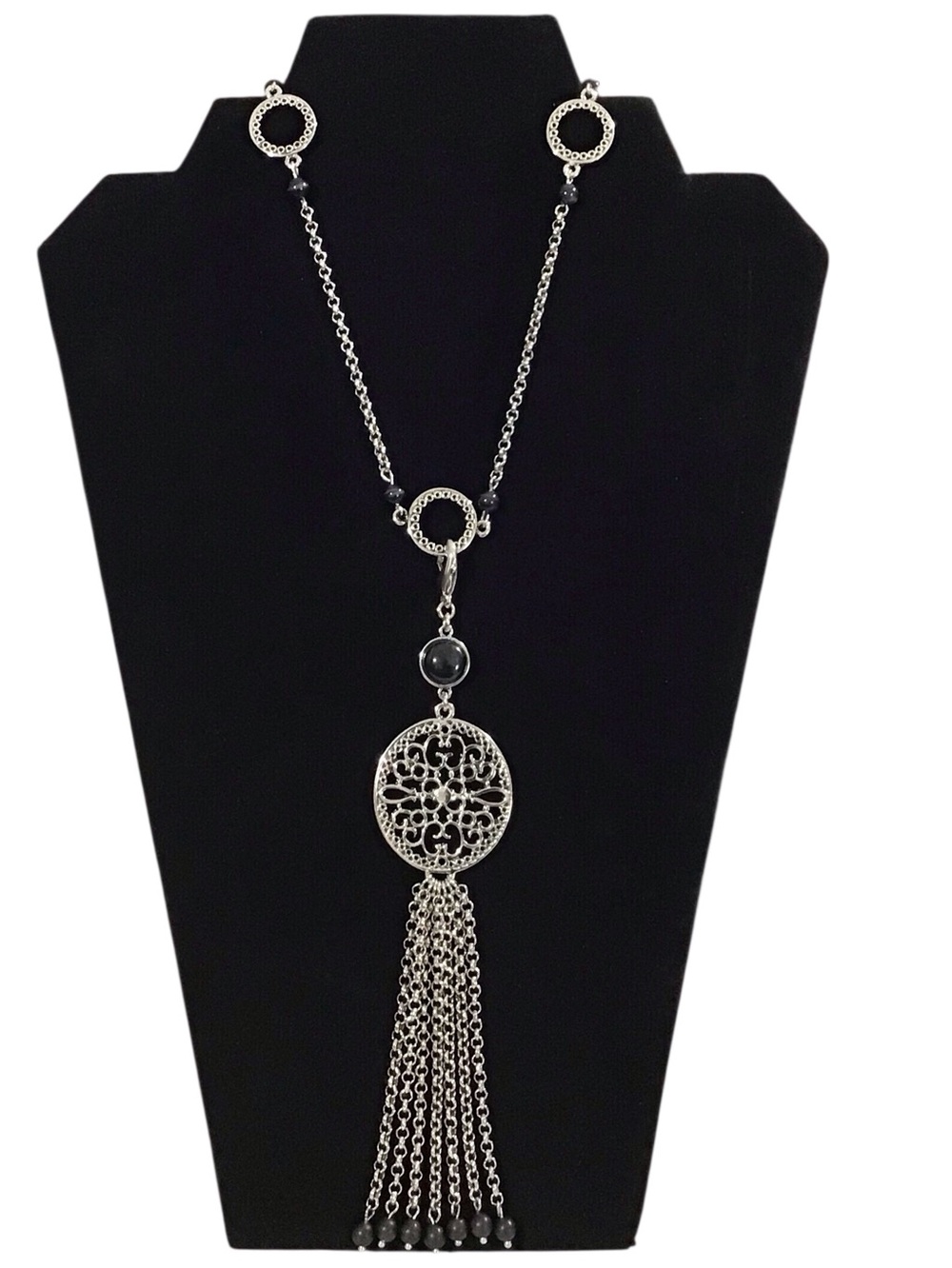 Lia Sophia Chain Pendant Necklace Silver Tone Long Tassel Black Bead Jewelry